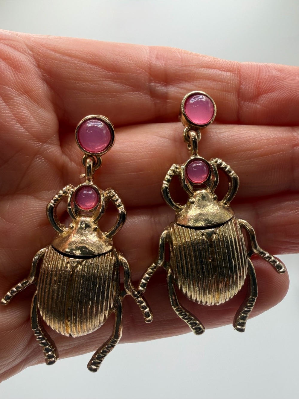 Gold Scarab Drop Earrings with Pink Cabochon